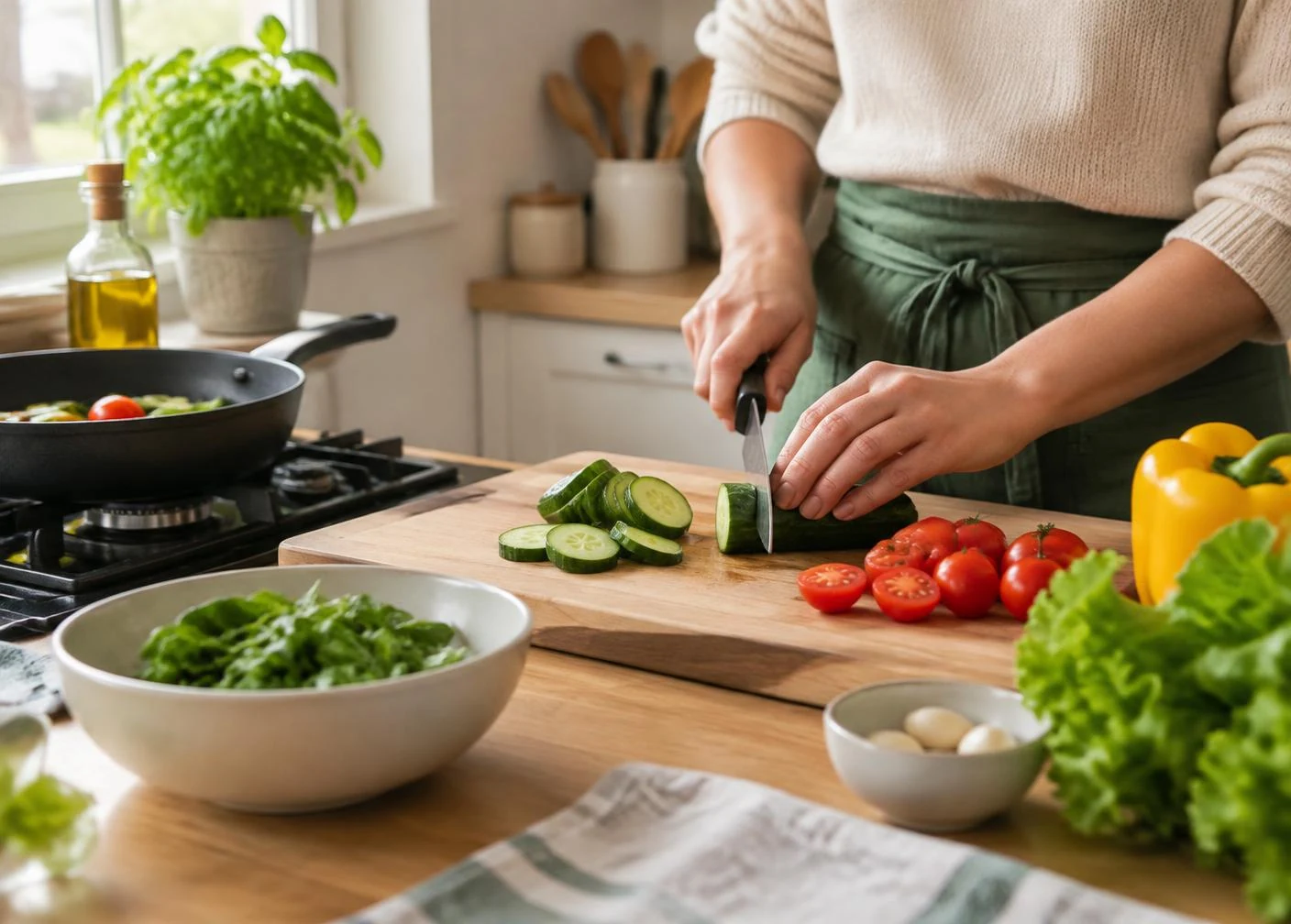 Iemand snijdt verse groenten op een houten plank in een lichte keuken