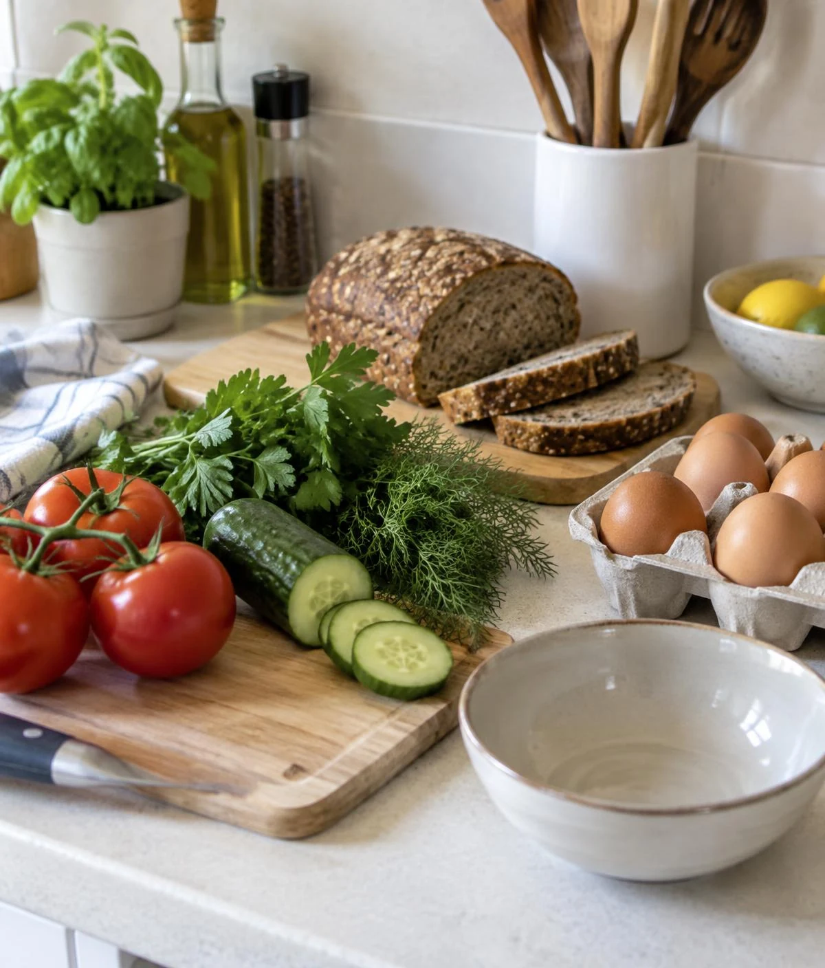 Verse ingrediënten op een aanrecht: tomaten, kruiden, komkommer, brood en eieren